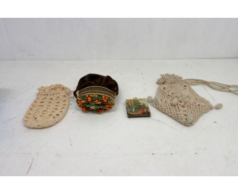 A brown velvet early 1900s Dorothy bag, decorated to the top with resin foliage onto lattice design (inside unstitched on one