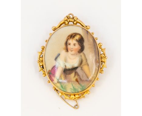Oval porcelain plaque portrait brooch of a young Gypsy girl, plaque measures approx 35x30mm, in frame, with beaded and quarte