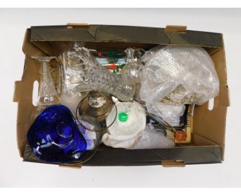 Collection of glass wares, i.e. cut glass vases, dishes, ceiling light shade coloured glass to two trays.&nbsp;