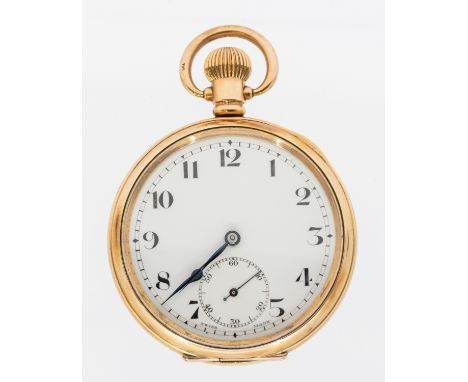 An early 20th century 14ct gold plated open faced pocket watch, comprising a white dial with Arabic indices, subsidiary dial 