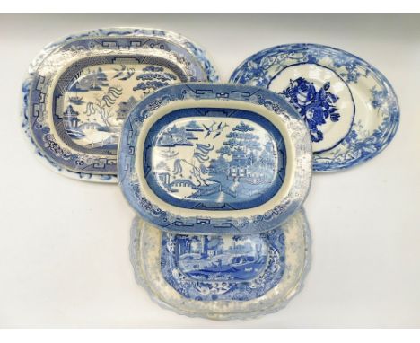 A collection of 19th/20th century meat plates and platters. All blue &amp; white inc Spode and Willow pattern, 2 AF other wit