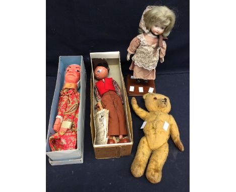 Pelham popper puppet of cow girl in box, bisque had doll, vintage bear and hand puppet.