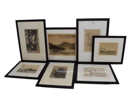 A pencil sketch of Penzance by James Heseldin along with a group of etchings to include signed work by Alex H Kirk and E Buck