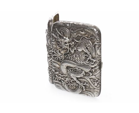 CHINESE SILVER CIGARETTE CASE of rectangular form and with dragon in relief to each side, unmarked, 8.5cm high, 6.5cm wide, 1