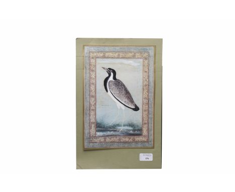 20TH CENTURY MUGHAL PRINT depicting a bird, within gold border, 30cm x 21cm 