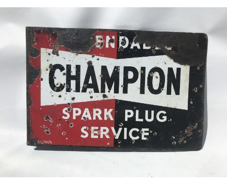 A Champion Spark Plugs Service double sided enamel sign with hanging flange, 18 x 12". 