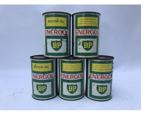 Five BP Energol pint cans, two full and unopened, with contents. 