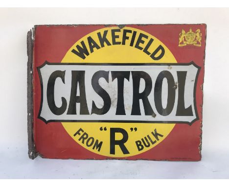 A Wakefield Castrol From 'R' Bulk rectangular double sided enamel sign with hanging flange, by Bruton of Palmers Green, 20 x 