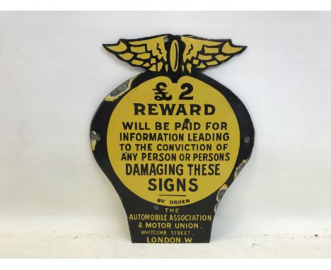 An AA £2 reward AA enamel sign with repaired winged top section and restoration, 8 x 10 1/4". 