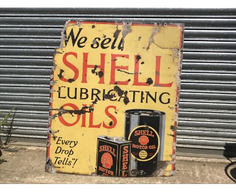 A Shell Lubricating Oils part pictorial enamel sign, trimmed to lower edge, 36 x 42".