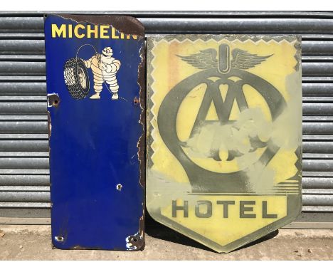 A Michelin enamel sign with image of Mr. Bibendum and space for a chart, and an AA hotel sign. 
