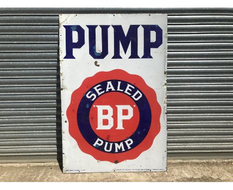 A BP Sealed Pump rectangular enamel sign by Patent Enamel, dated July 1927, 36 x 54".
