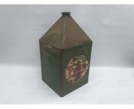 A Pratts tractor oil five gallon pyramid can with paper label.