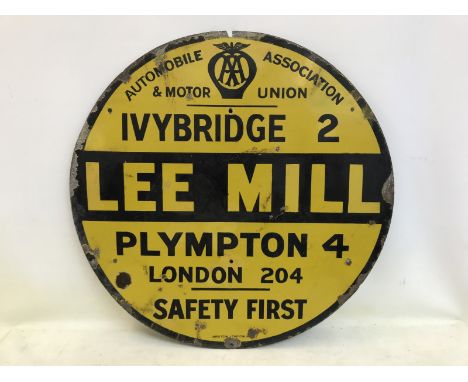 An AA and Motor Union yellow and black circular enamel village/road sign for Lee Mill, Ivy Bridge 2 and Plympton 4, by Bruton