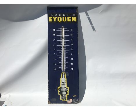 A French enamel part pictorial thermometer depicting a spark plug, marked Bougies Eyquem, 12 1/4 x 38 1/2". 