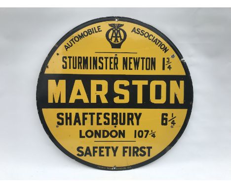 An AA circular enamel village sign for Marsdon, nr. Sturminster Newton, 1 3/4 miles, the sign by Franco, 30" diameter.