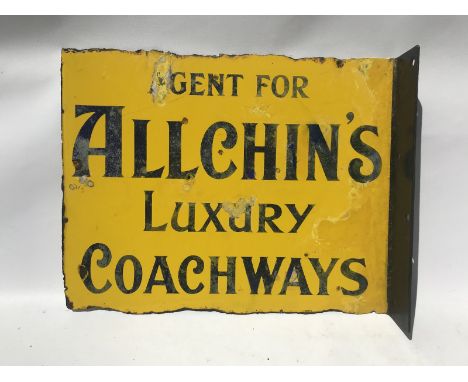 An unusual Allchin's Luxury Coachways double sided agency enamel sign with re-attached hanging flange and some restoration, 1