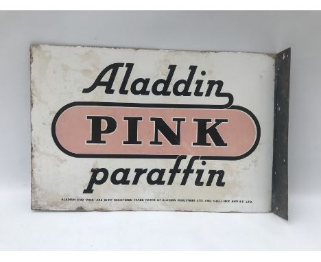 An Aladdin Pink Paraffin double sided enamel sign with hanging flange, 21 x 14". 