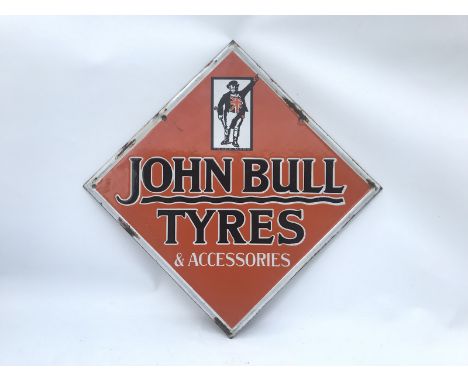 A John Bull Tyres and Accessories lozenge shaped double sided enamel sign with good gloss, 22 x 22". 