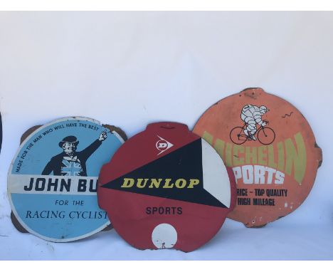 Three hardboard tyre insert advertising signs for Michelin, Dunlop and John Bull.