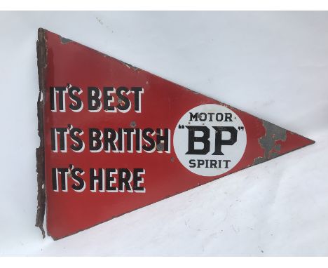 A rare and early BP Motor Spirit triangular double sided enamel pennant sign with hanging flange, by Franco, 29 3/4 x 23 1/2"