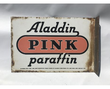 An Aladdin Pink Paraffin double sided enamel sign with hanging flange, 21 x 14".