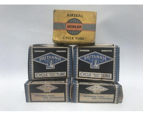 Four Britannia cycle tubes in original packaging and a Dunlop Air Seal cycle tube in original packaging. 