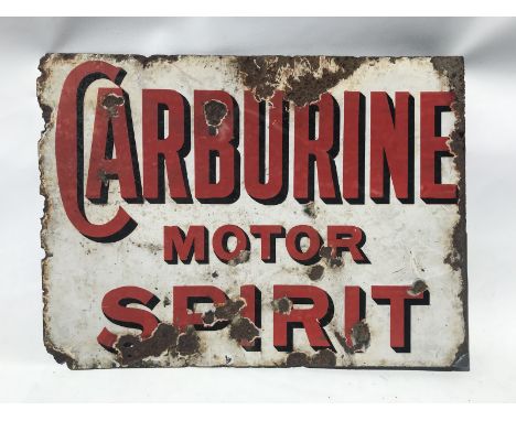 A Carburine Motor Spirit double sided enamel sign with hanging flange, partial flange repaired, 19 x 14".