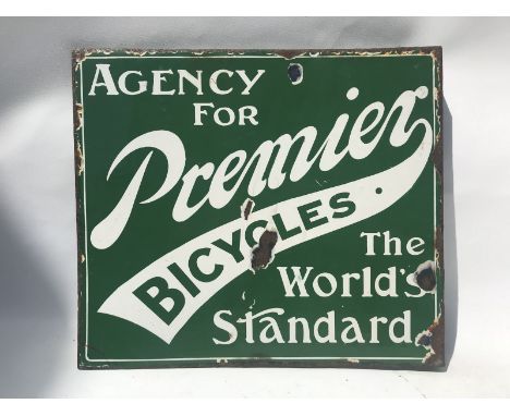 A Premier Bicycles double sided agency enamel sign with hanging flange, by Chromo of Wolverhampton, 16 x 14". 