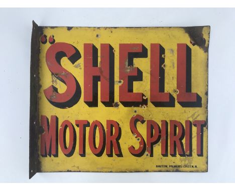 A Shell Motor Spirit double sided enamel sign with hanging flange by Bruton of Palmers Green, an unusual design, 21 x 18". 