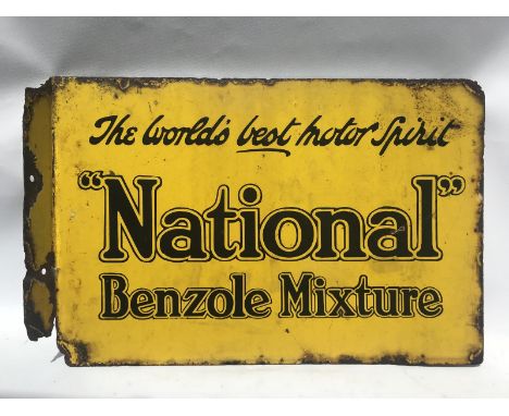 A National Benzole Mixture 'The World's Best Motor Spirit' rectangular double sided enamel sign with hanging flange, 18 x 12"