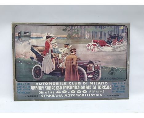 A paper advertisement laid on hardboard advertising Automobile Club of Milan, depicting three Edwardian cars, 25 x 16 1/2". 