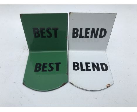 Two small enamel petrol pump brand brackets, advertising Blend and Best.