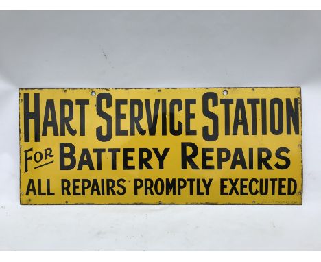 A rectangular enamel sign advertising Hart Service Station for Battery Repairs, by Wildman and Meguyer, in excellent conditio
