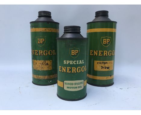Two BP Energol cylindrical quart oil cans and a pint similar.