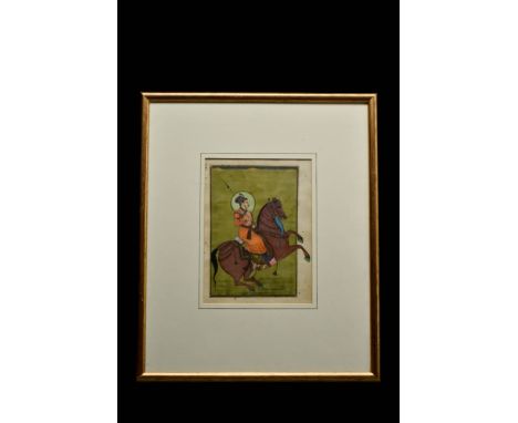 Northern India, Ca. 18th-19th century AD. Portrait of a haloed Mughal ruler adorned with jewels and carrying a lance. Horse o