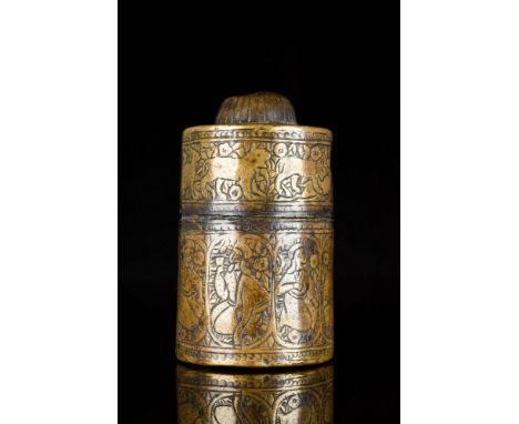 Ca. 1180-1300. A copper pyxis or inkwell. Possibly Ayyubid. Cylindrical with segmented detachable lid. The Pyxis has beautifu