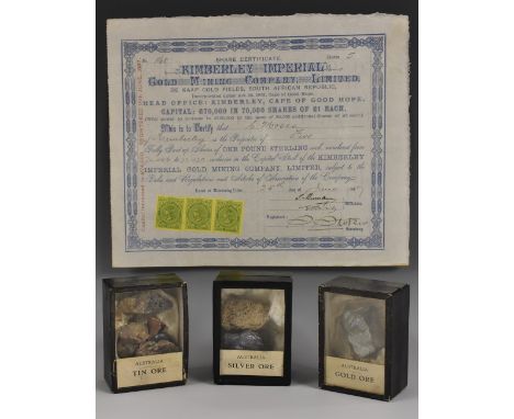 Geology - a collection of Australian mine mineral samples, Gold, Silver and Tin Ore; a Kimberley Imperial Gold Mining Share, 