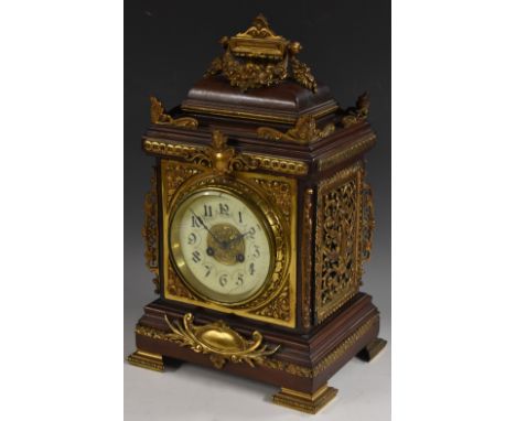A late 19th century gilt-metal mounted mahogany bracket clock, 12.5cm circular porcelain dial inscribed with Arabic numerals,