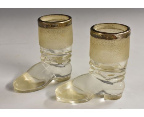 A pair of Edwardian silver mounted glass novelty table vestas or match strikers, as a pair of boots, 7cm high, London 1904