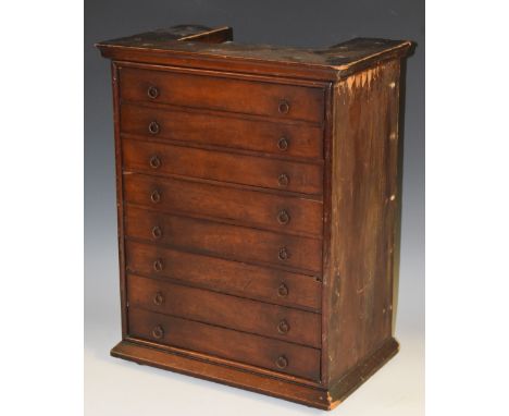 A 19th century mahogany collector's specimen cabinet, moulded cornice above eight drawers, each with glass dust cover, loose 