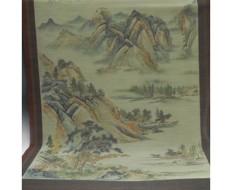 Chinese School (first-half 20th century)Monumental Landscapesigned and seal mark tp upper-margin, watercolour on woven scroll