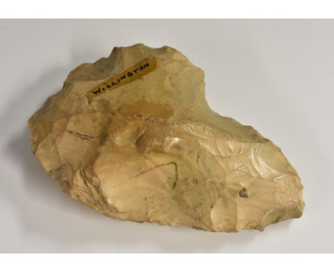 Antiquities - a Lower Paleolithic Derbyshire flint hand axe, 10cm long overall, collection labels and numbering, c. 400,000 -