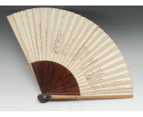 A 19th century twenty-seven stick paper, bamboo and palmwood fan, each paper fold novelly inscribed and signed in ink manuscr