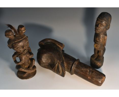 Tribal Art - an African puppet head, 28cm long; etc (3)