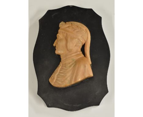 A 19th century Italian Grand Tour marble shaped rectangular desk weight, carved and applied with a titled portrait of Dante A