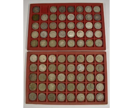 Coins, UK, a collection of mainly silver half crowns in two trays of 40 including, 1708E fair, 1817 base metal forgery, 1884 
