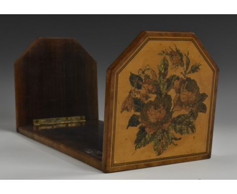 A Victorian Tunbridge ware and rosewood book slide, the folding canted rectangular end supports inlaid with sprays of flowers