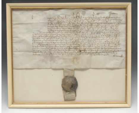 An interesting Tudor ink MS on vellum or diploma, washed away initial letter with off-set shadow, indistinct script and fragm