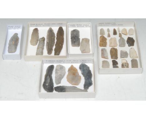 Antiquities - Stone Age, a collection of four Danish flint strike-a-lights, various shapes, colours and sizes, the longest 10